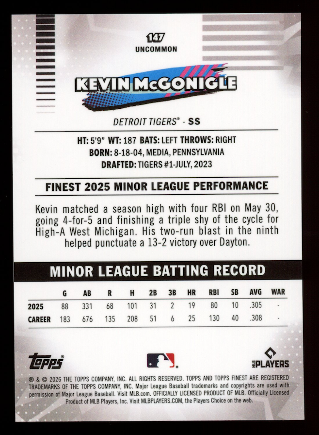 KEVIN MCGONIGLE 2026 Topps Finest Rookie Uncommon Black X-Fractor /10 #147