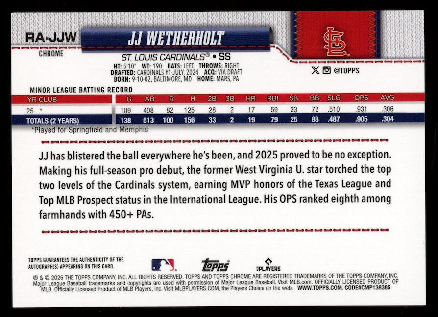 JJ WETHERHOLT 2026 Topps Chrome Rookie Auto Aqua Refractor /199 #RA-JJW