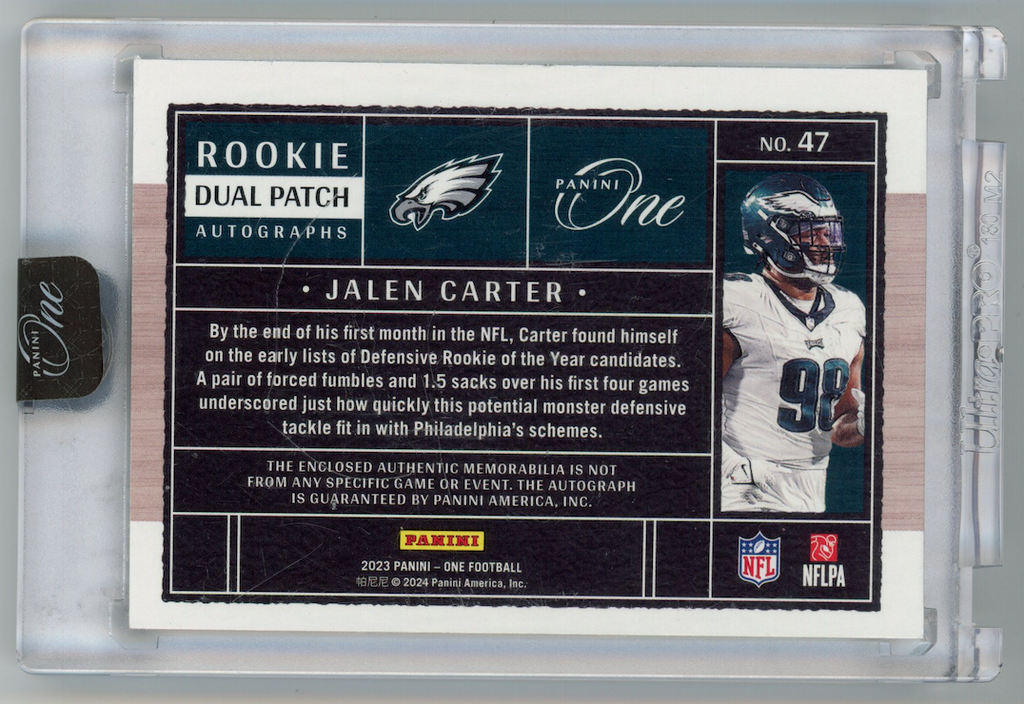 JALEN CARTER 2024 Panini One Rookie Dual Patch Auto /199 #47 Eagles