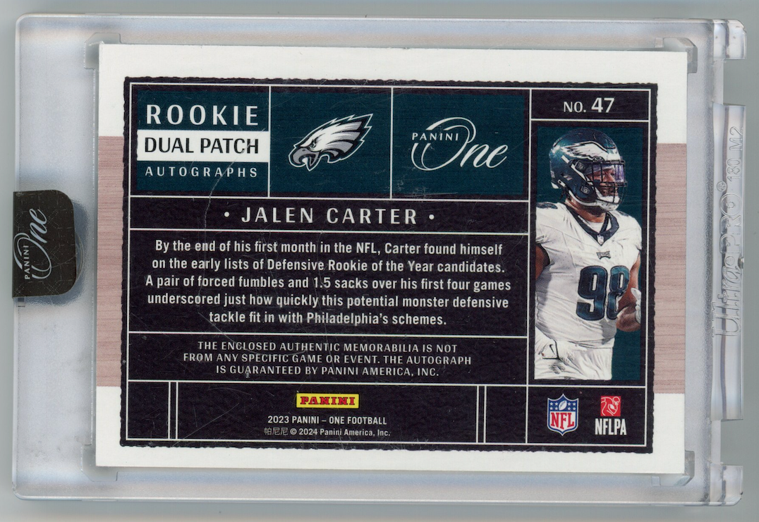 JALEN CARTER 2024 Panini One Rookie Dual Patch Auto /199 #47 Eagles