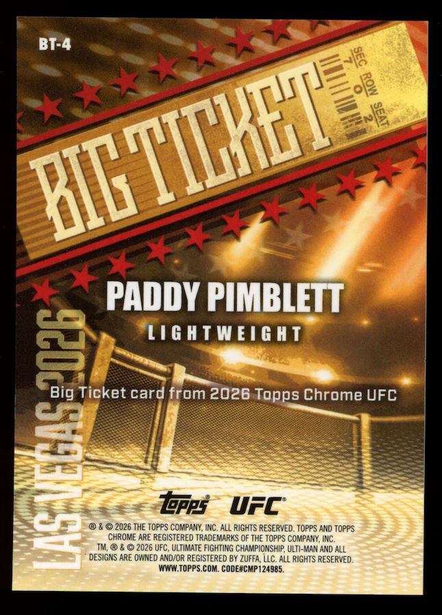 PADDY PIMBLETT 2026 Topps Chrome UFC Big Ticket Gold Refractor /50 #BT-4