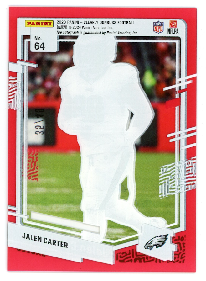 JALEN CARTER 2024 Panini Clearly Donruss Rated Rookie Auto Red /49 #64 Eagles