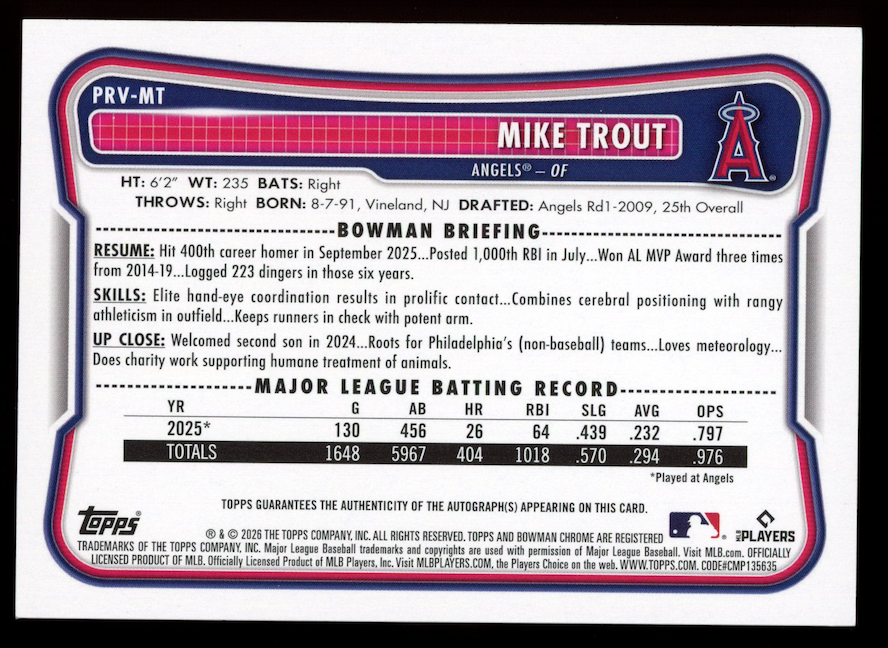 MIKE TROUT 2026 Bowman Paper Auto Gold Parallel /50 #PRV-MT Angels
