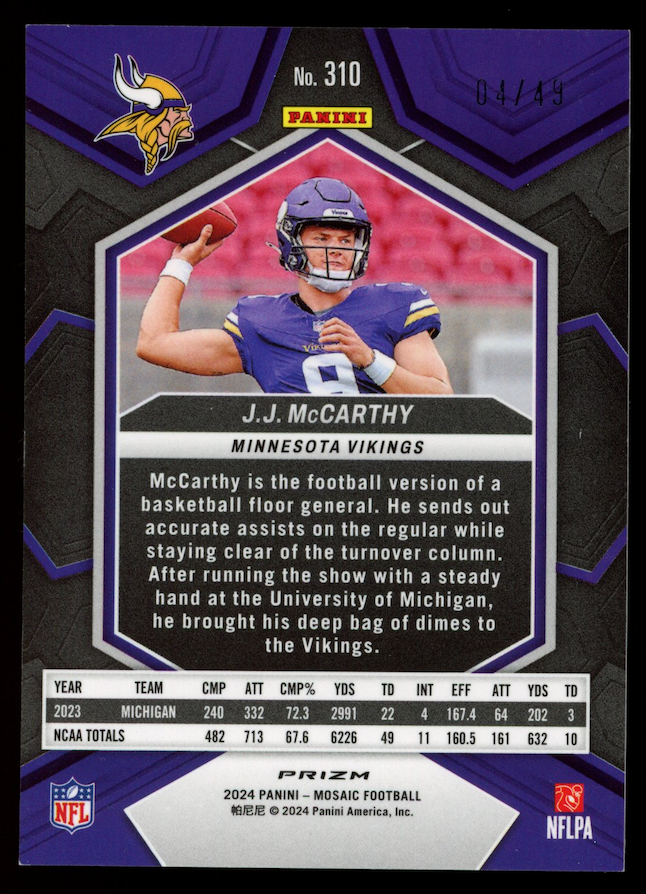 J.J. MCCARTHY 2024 Panini Mosaic Rookie Purple Prizm /49 #310 Vikings
