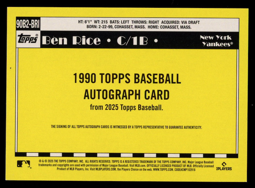 BEN RICE 2025 Topps 1990 Baseball Rookie Auto 35th Anniversary #90B2-BRI Yankees
