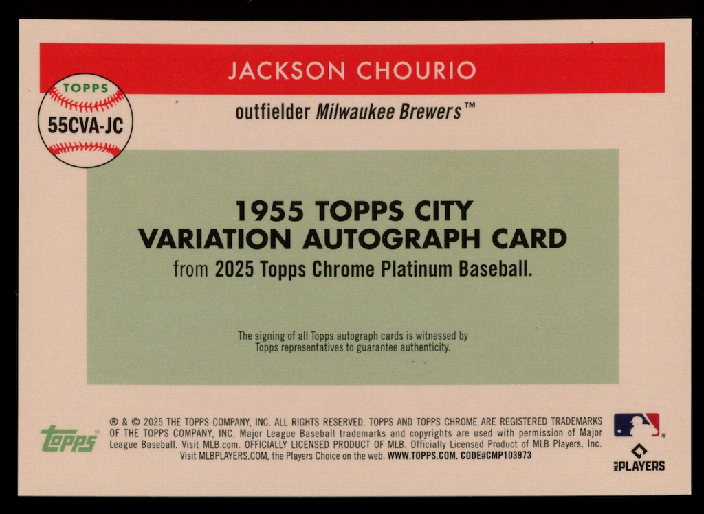 JACKSON CHOURIO 2025 Topps Chrome Platinum City Variation Auto /5 SSP #55CVA-JC