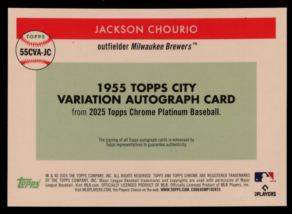 JACKSON CHOURIO 2025 Topps Chrome Platinum City Variation Auto /5 SSP #55CVA-JC