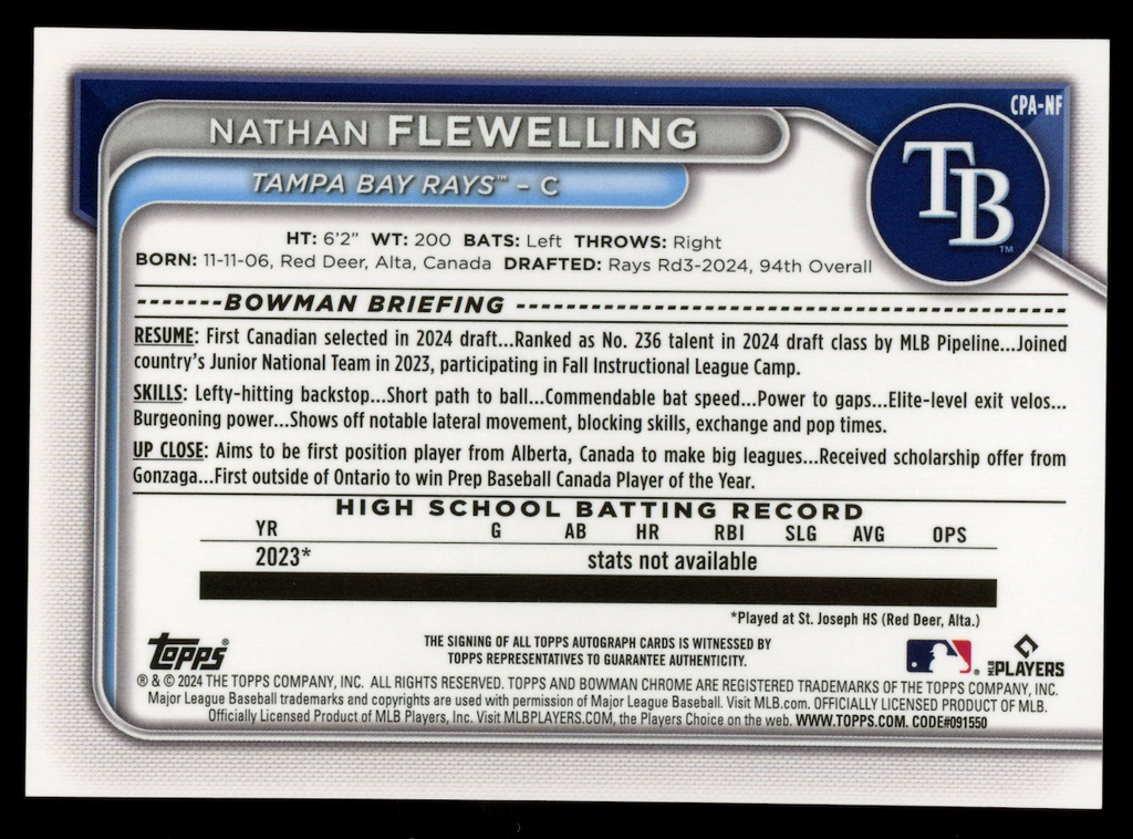 NATHAN FLEWELLING 2024 Bowman Chrome 1st Auto Purple Refractor /250 #CPA-NF
