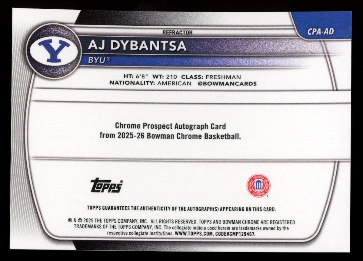 AJ DYBANTSA 2025-26 Bowman Chrome University Sapphire Refractor #BCP-1