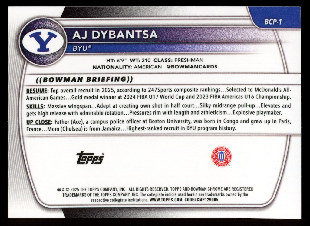 AJ DYBANTSA 2025-26 Bowman Chrome University 1st Auto Refractor /499 #BCP-1