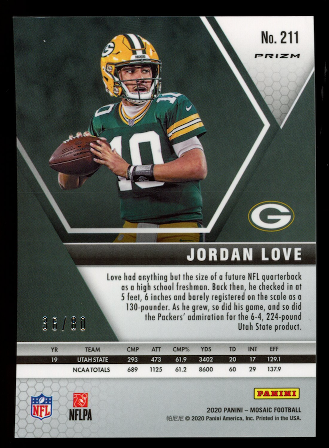 JORDAN LOVE 2020 Panini Mosaic Rookie Fusion Red Prizm /80 #211 Packers