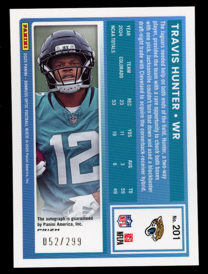 TRAVIS HUNTER 2025 Panini Donruss Optic Rated Rookie Auto Neon Blue /299 #201