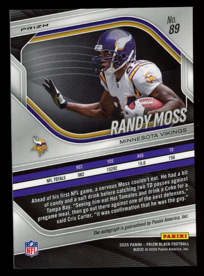 RANDY MOSS 2025 Panini Prizm Black Silver Auto #89 Vikings