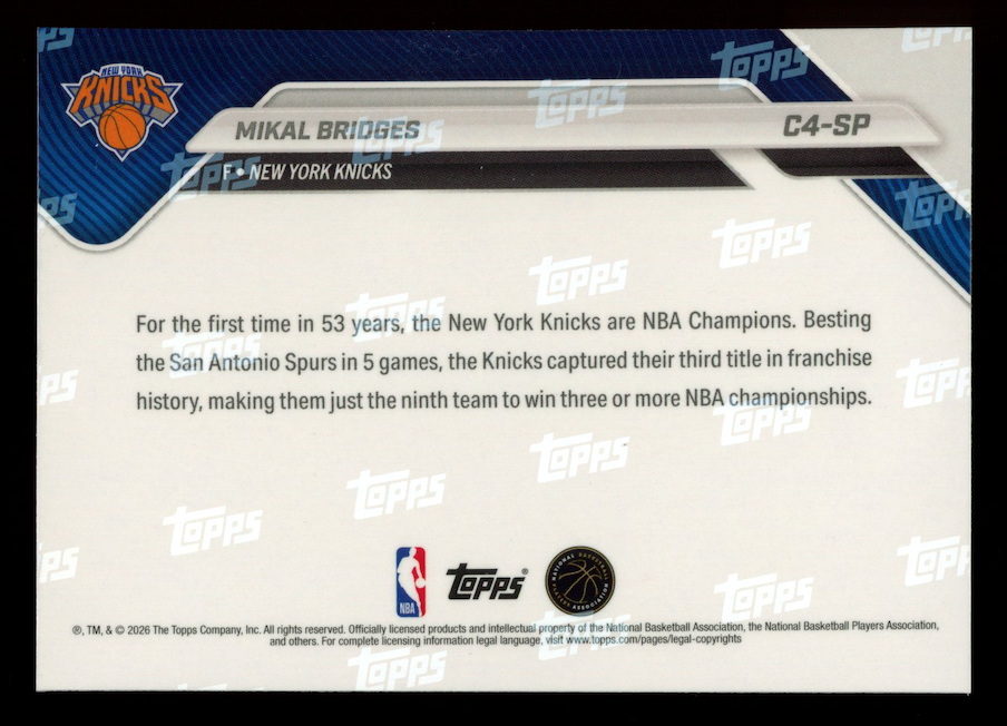 MIKAL BRIDGES 2025-26 Topps Now NBA Champions SP Image Variation #C4-SP Knicks
