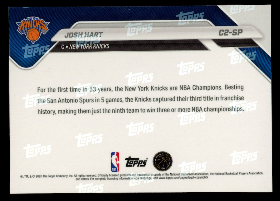JOSH HART 2025-26 Topps Now NBA Champions SP Image Variation #C2-SP Knicks