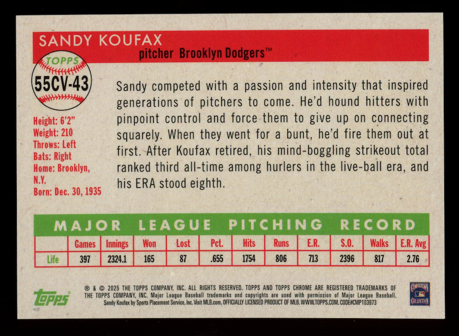 SANDY KOUFAX 2025 Topps Chrome Platinum City Variation SP #55CV-43 Dodgers