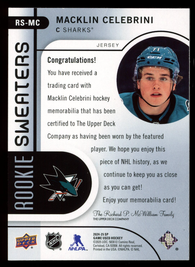 MACKLIN CELEBRINI 2024-25 Upper Deck SP Game Used Rookie Sweaters /299 #RS-MC