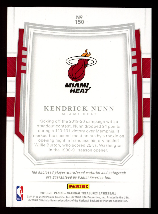 KENDRICK NUNN 2019-20 Panini National Treasures Rookie Patch Auto /99 #150 Heat