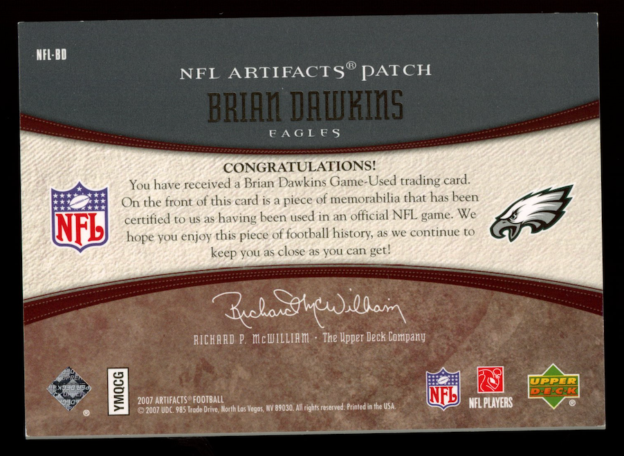 BRIAN DAWKINS 2007 Upper Deck Artifacts NFL Patch /50 #NFL-BD Eagles