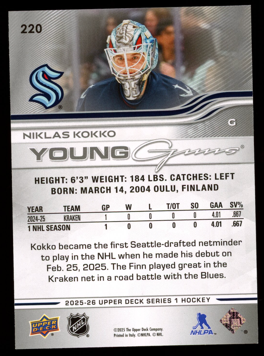 NIKLAS KOKKO 2025-26 Upper Deck Series 1 Young Guns High Gloss /10 #220