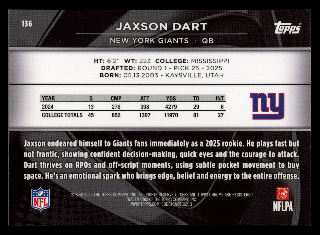 JAXSON DART 2025 Topps Chrome Black Rookie Green Wave Refractor /99 #136 Giants