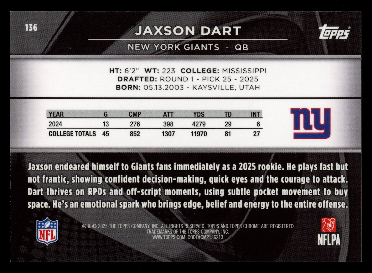 JAXSON DART 2025 Topps Chrome Black Rookie Green Wave Refractor /99 #136 Giants