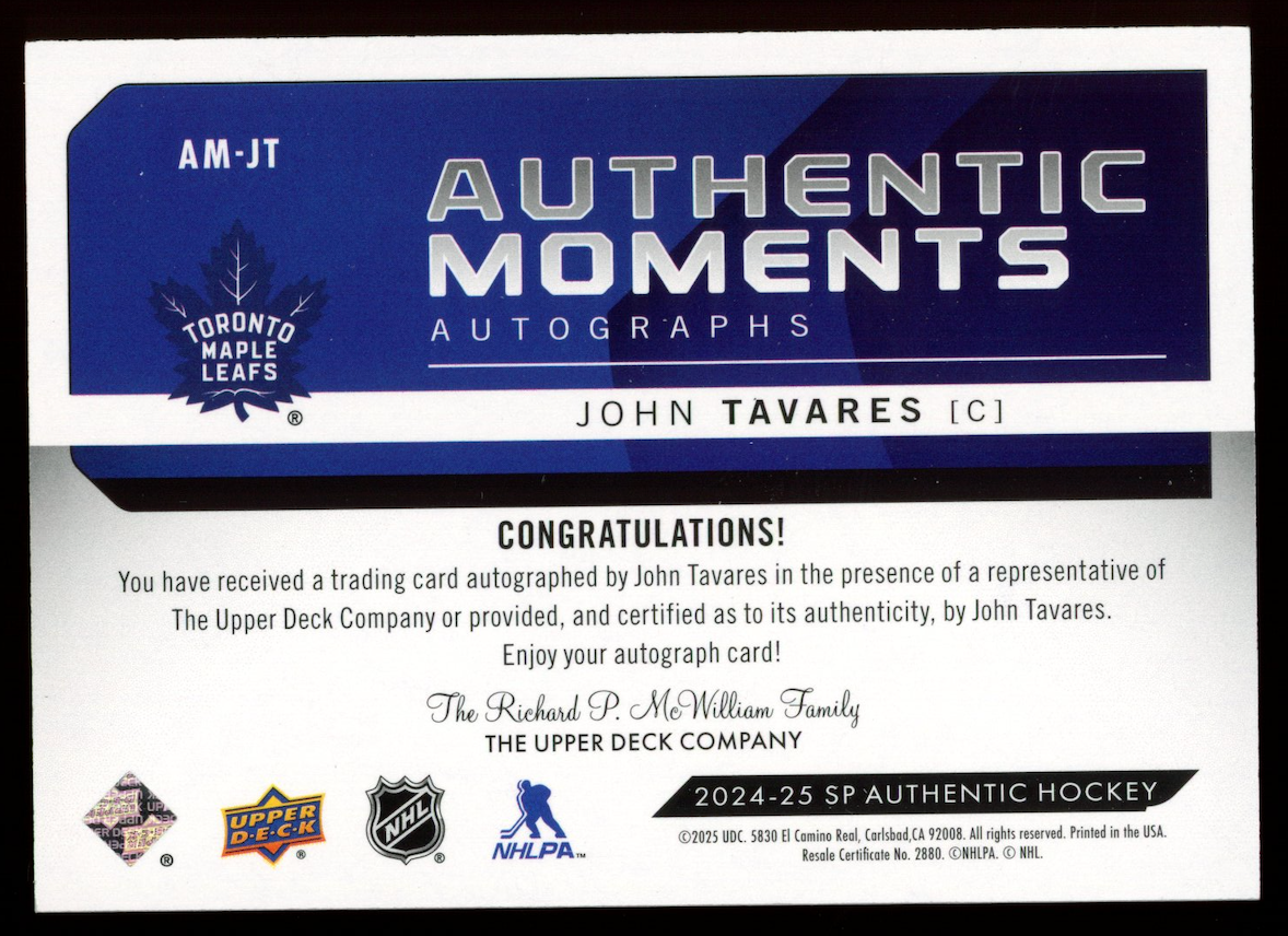 JOHN TAVARES 2024-25 Upper Deck SP Authentic Moments Auto #AM-JT Maple Leafs