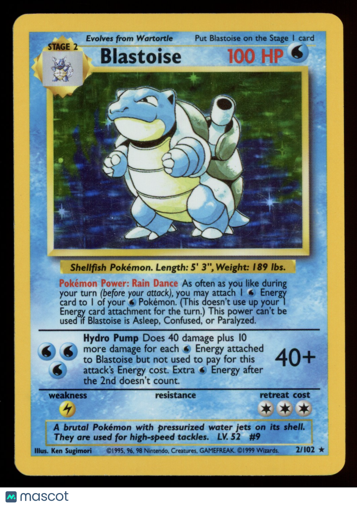 BLASTOISE 1999 Pokemon Base Set Holo Rare #2/102