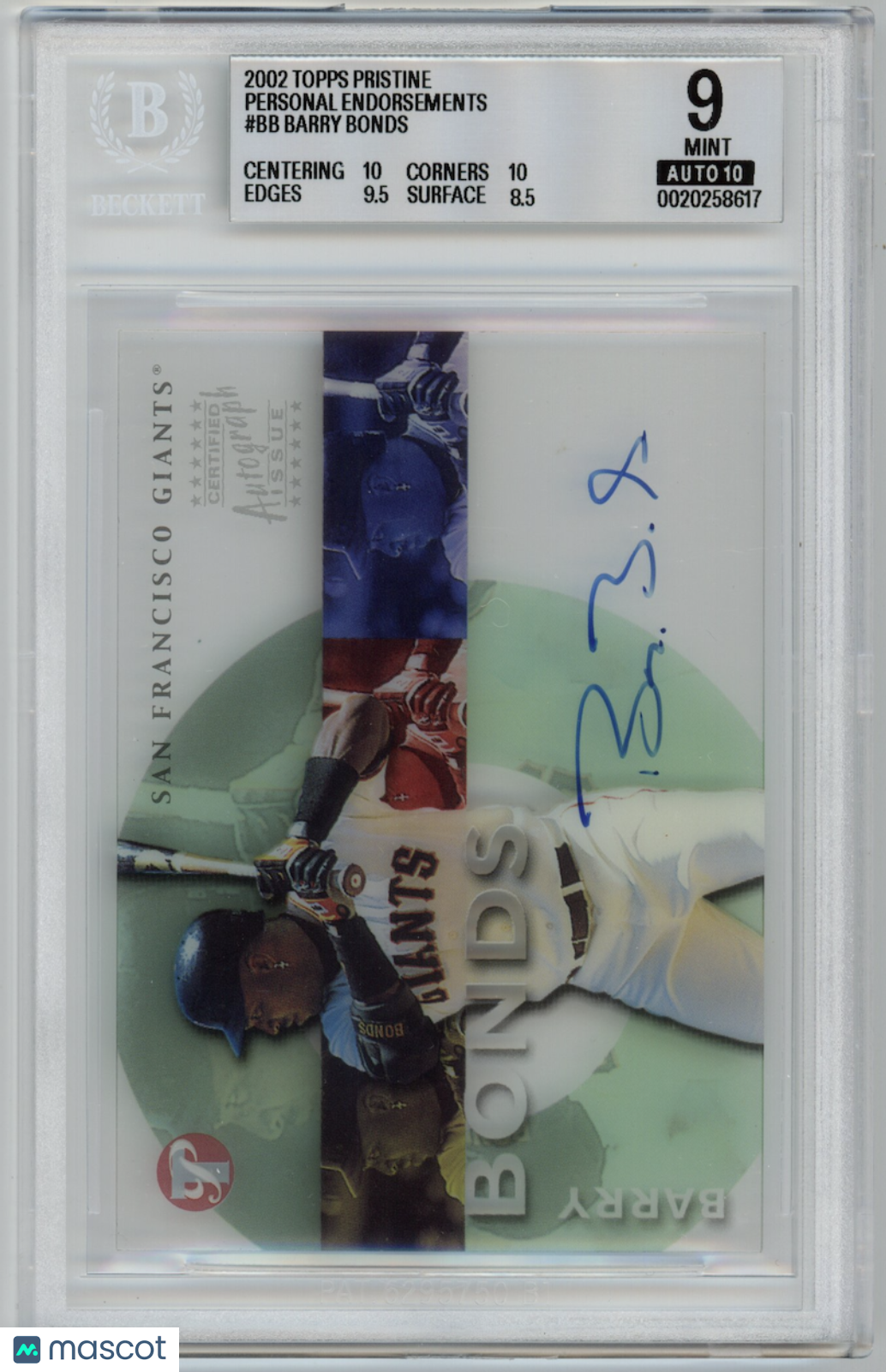 BARRY BONDS 2002 Topps Pristine Personal Endorsements Auto #BB BGS 9 A 10 Giants