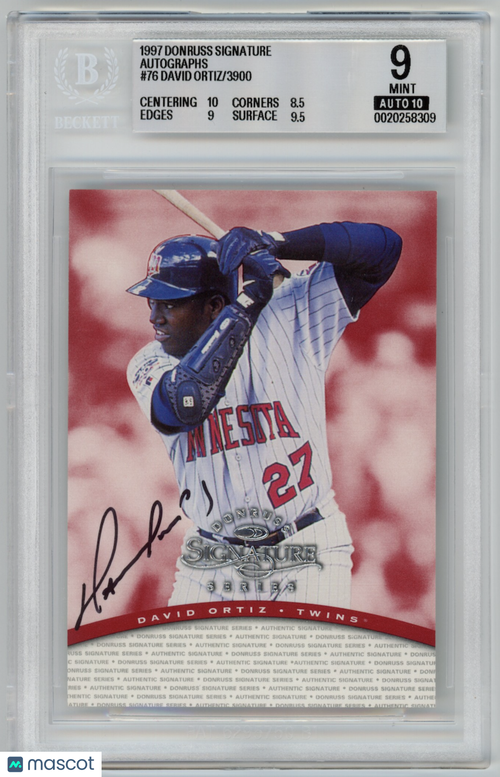 DAVID ORTIZ 1997 Donruss Signature Series Auto /3900 #76 BGS 9 Auto 10