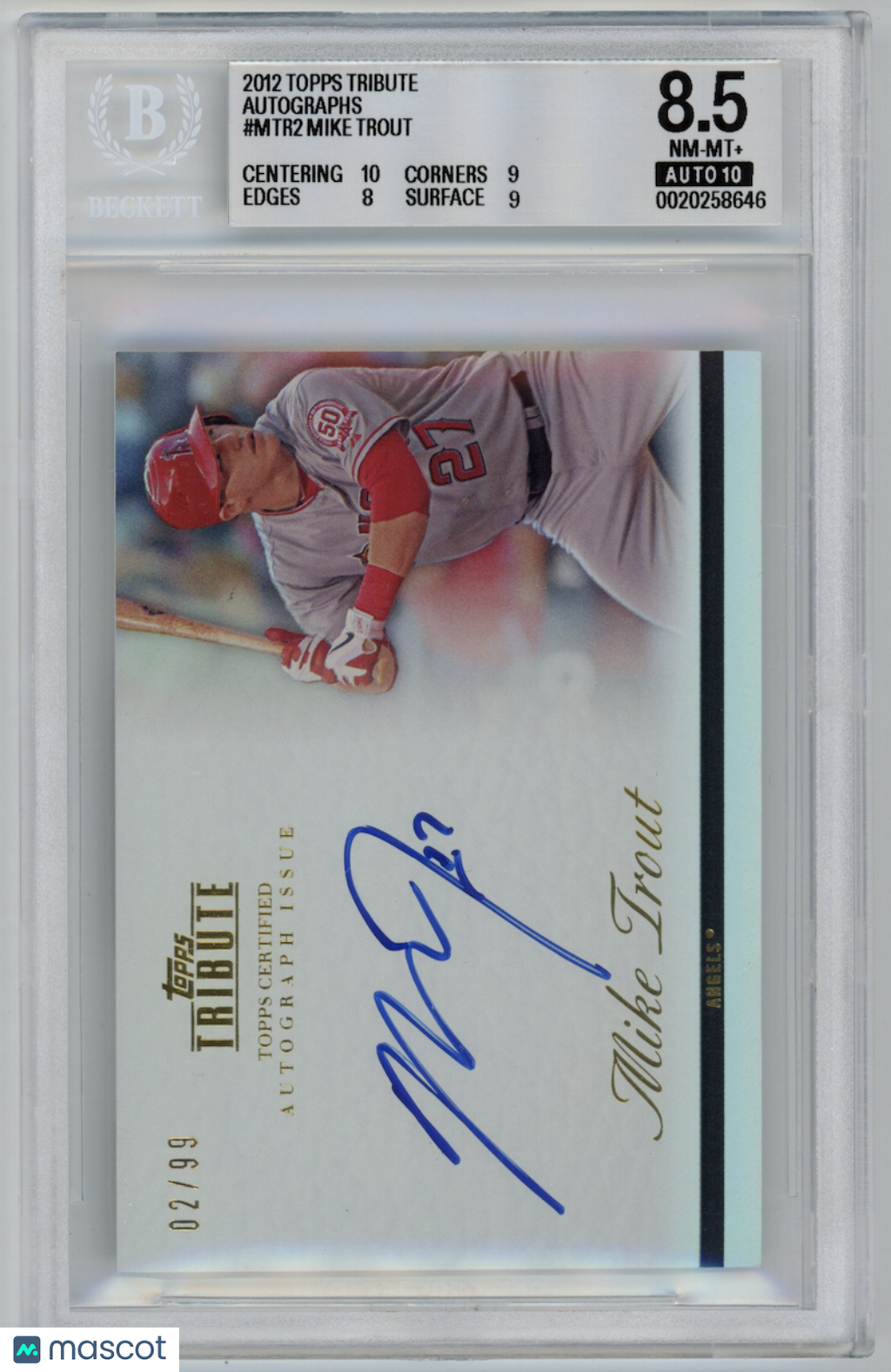 MIKE TROUT 2012 Topps Tribute Autographs /99 #MTR2 BGS 8.5 Auto 10 Angels