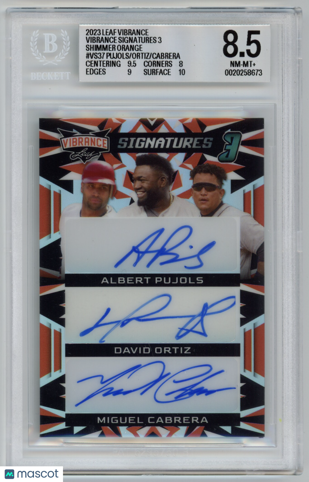 ALBERT PUJOLS DAVID ORTIZ MIGUEL CABRERA 2023 Leaf Vibrance Auto /6 BGS 8.5
