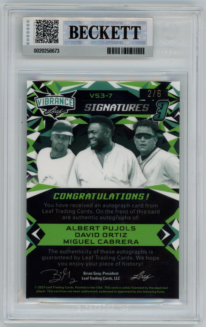 ALBERT PUJOLS DAVID ORTIZ MIGUEL CABRERA 2023 Leaf Vibrance Auto /6 BGS 8.5