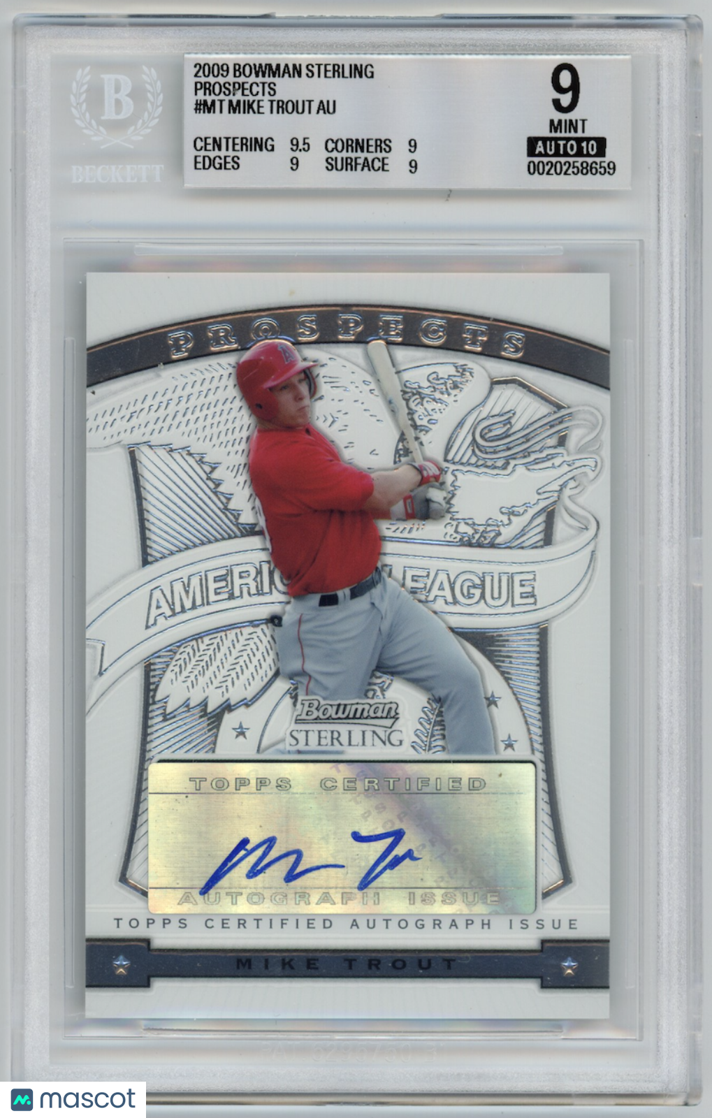 MIKE TROUT 2009 Bowman Sterling Prospects Auto #MT BGS 9 Auto 10 Angels