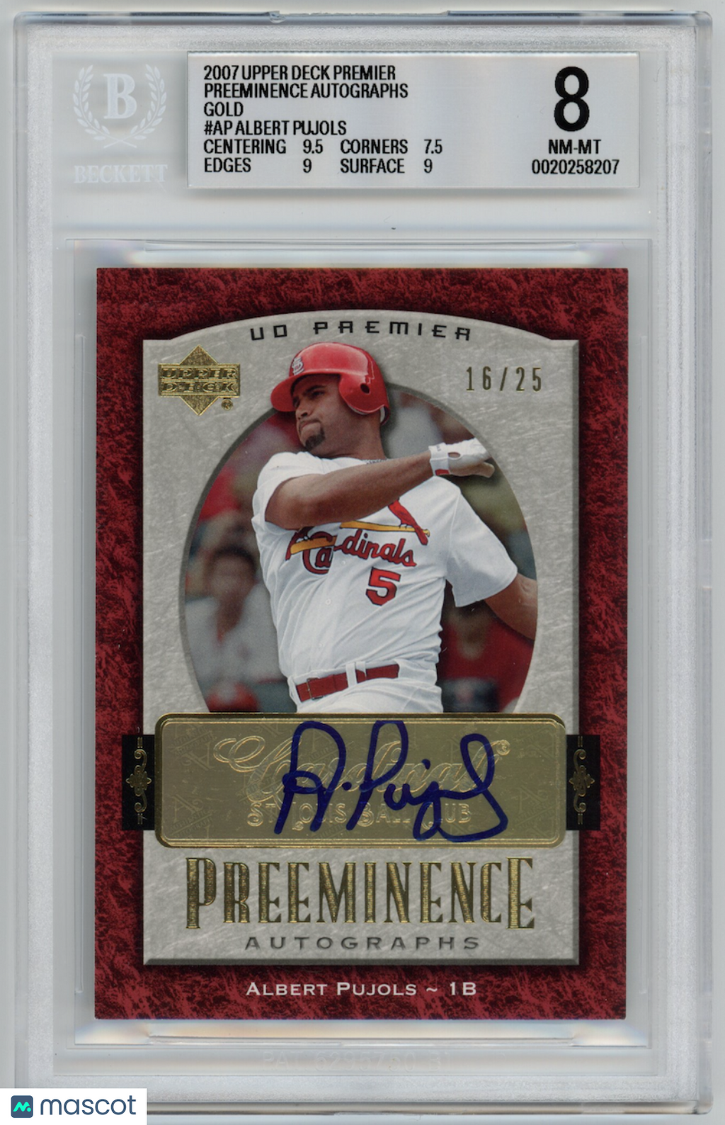 ALBERT PUJOLS 2007 Upper Deck Premier Preeminence Auto Gold /25 #AP BGS 8