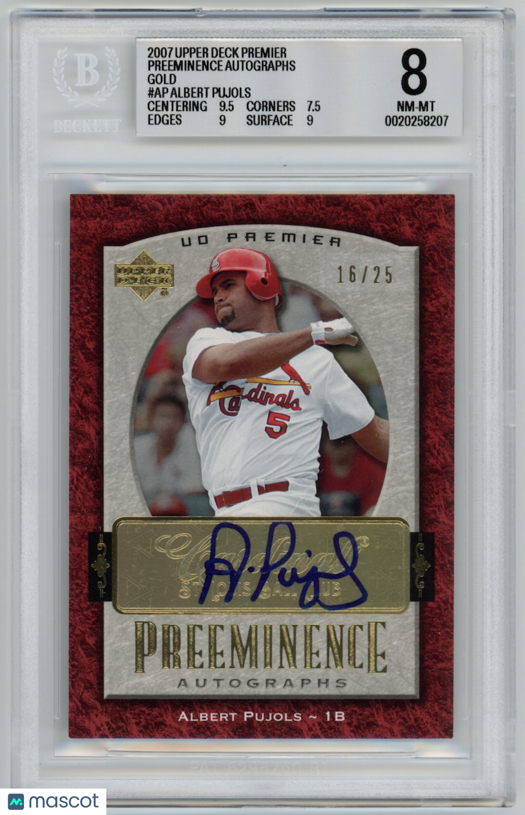 ALBERT PUJOLS 2007 Upper Deck Premier Preeminence Auto Gold /25 #AP BGS 8