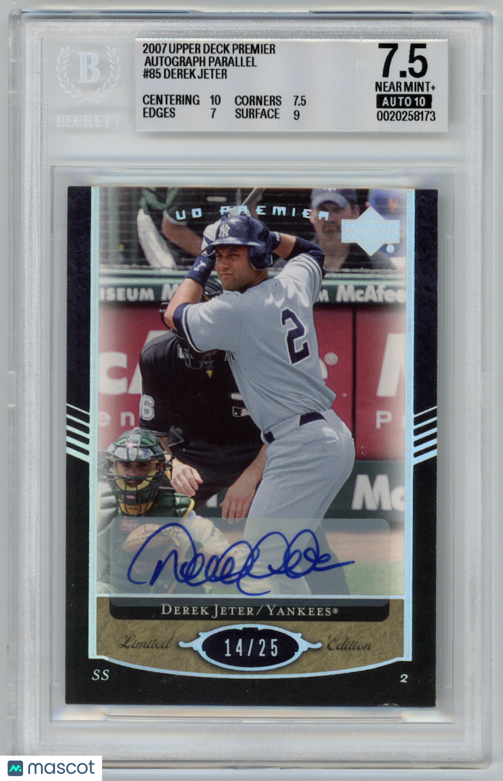 DEREK JETER 2007 Upper Deck Premier Autograph Parallel /25 #85 BGS 7.5 Auto 10