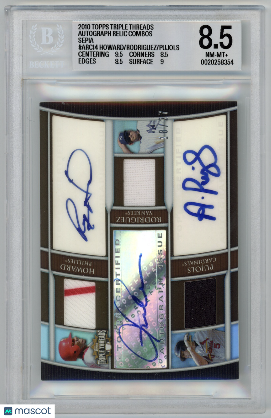 HOWARD RODRIGUEZ PUJOLS 2010 Topps Triple Threads Patch Auto Sepia /27 BGS 8.5