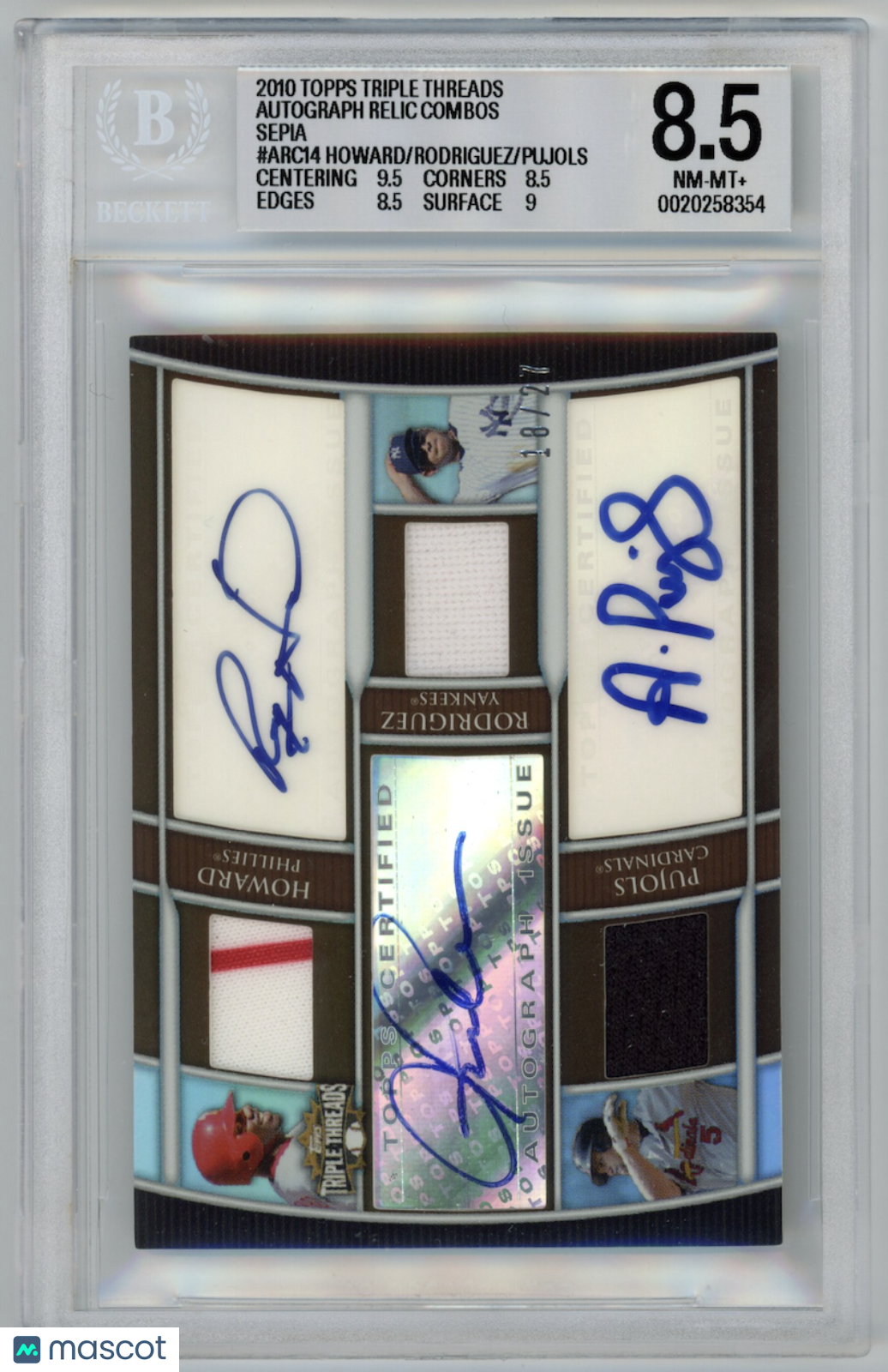 HOWARD RODRIGUEZ PUJOLS 2010 Topps Triple Threads Patch Auto Sepia /27 BGS 8.5