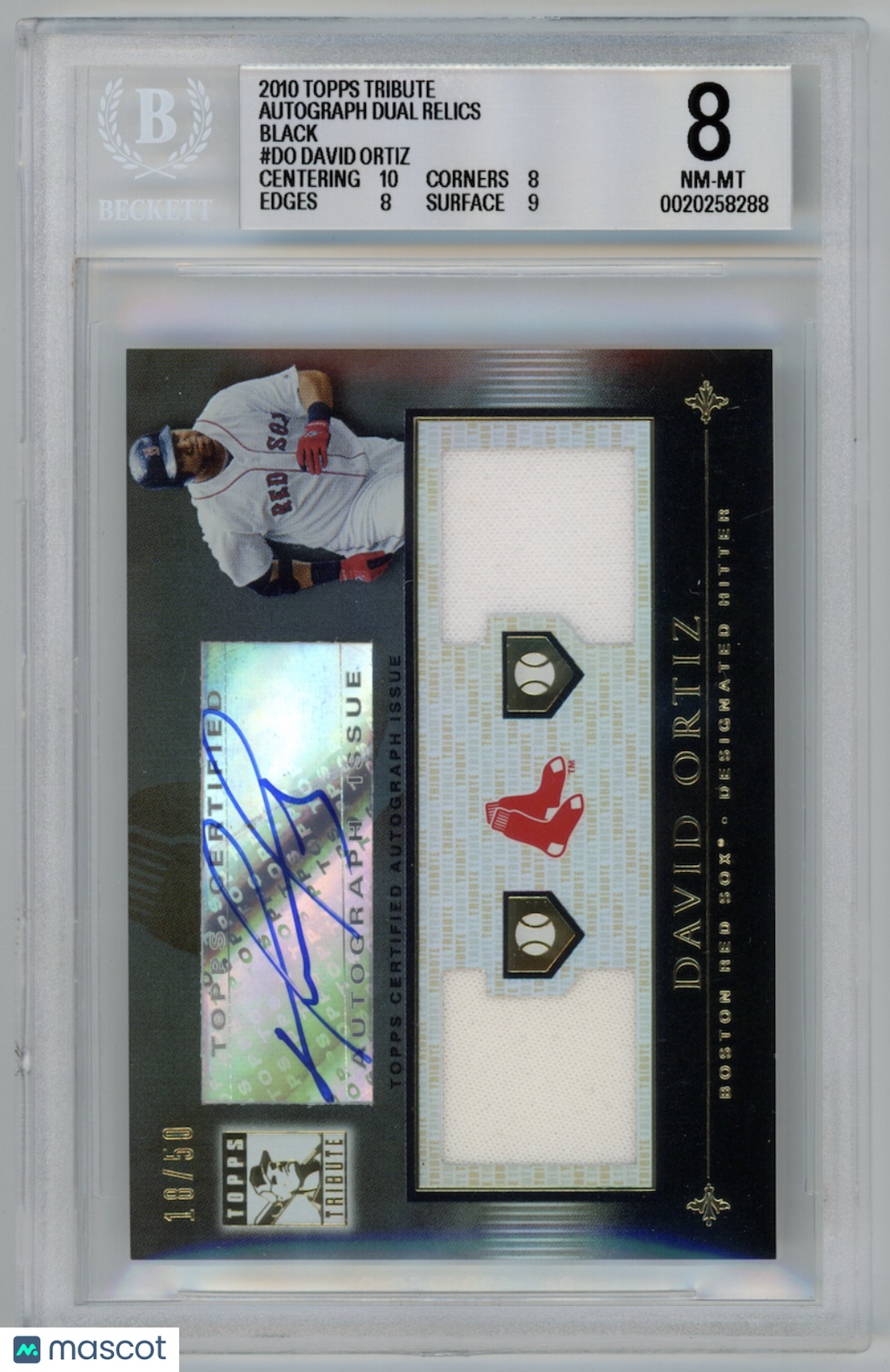 DAVID ORTIZ 2010 Topps Tribute Dual Relic Auto Black /50 #DO BGS 8 A 9 Red Sox