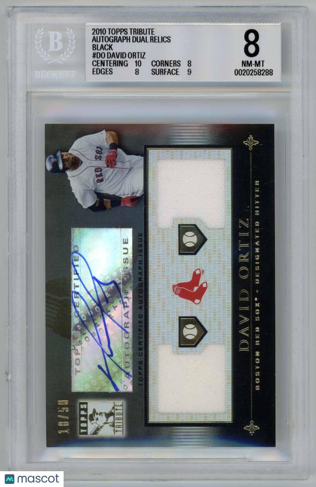 DAVID ORTIZ 2010 Topps Tribute Dual Relic Auto Black /50 #DO BGS 8 A 9 Red Sox