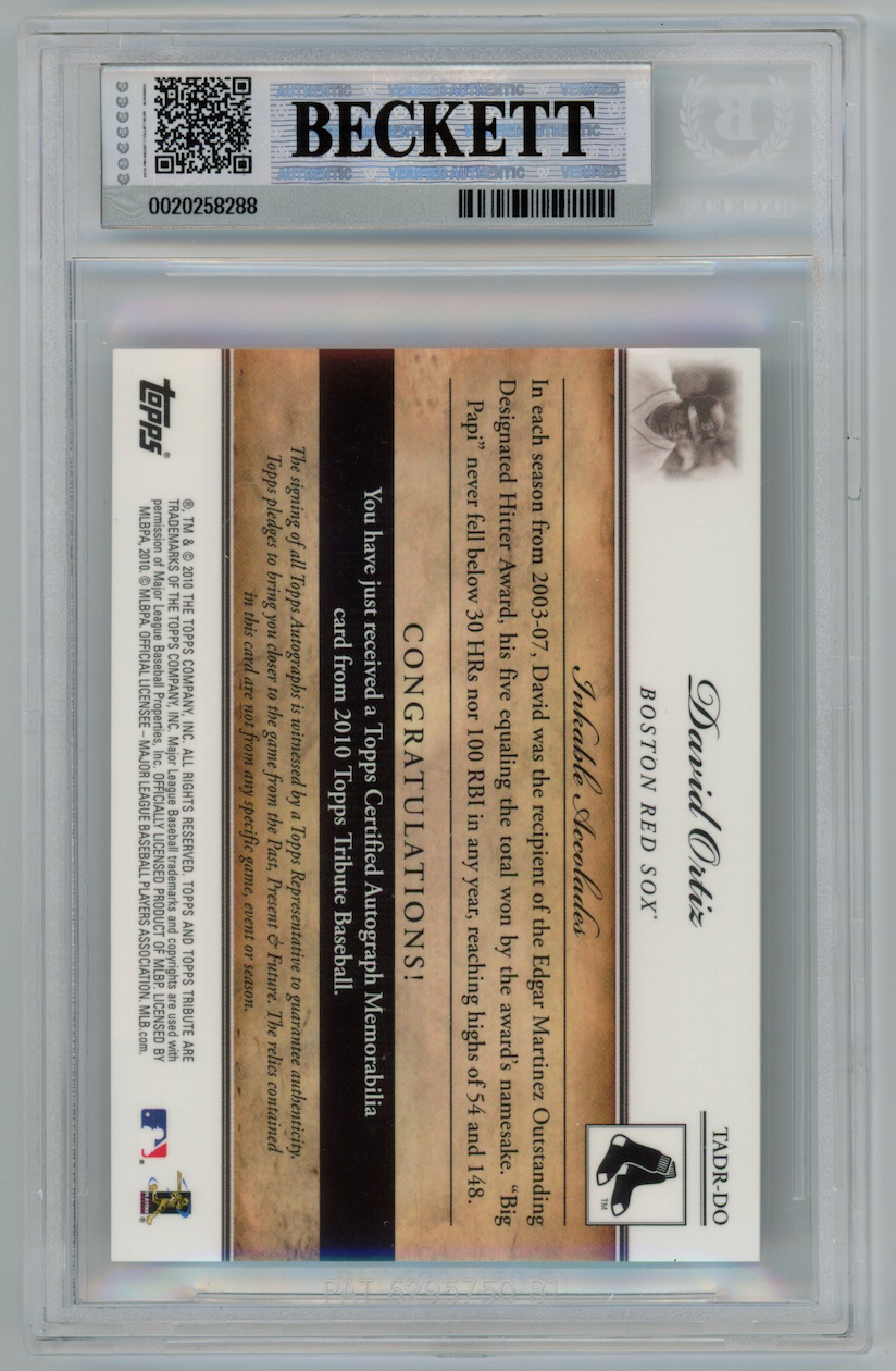 DAVID ORTIZ 2010 Topps Tribute Dual Relic Auto Black /50 #DO BGS 8 A 9 Red Sox