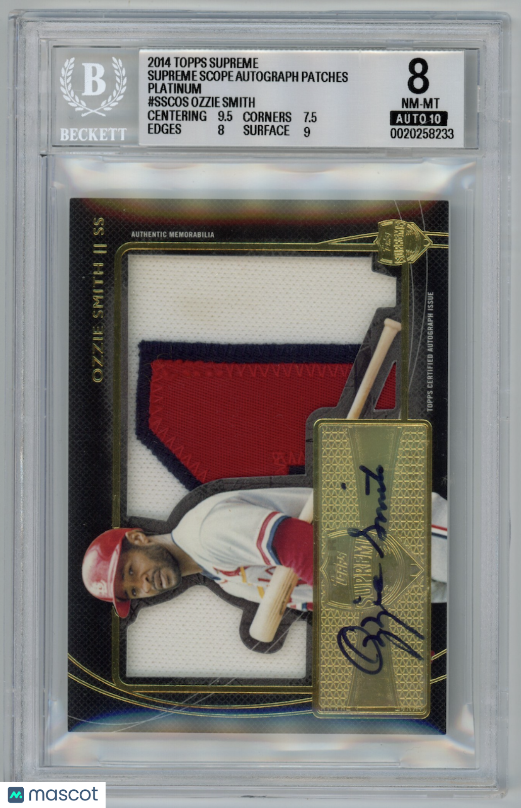 OZZIE SMITH 2014 Topps Supreme Scope Patch Auto Platinum /10 #SSCOS BGS 8 A 10