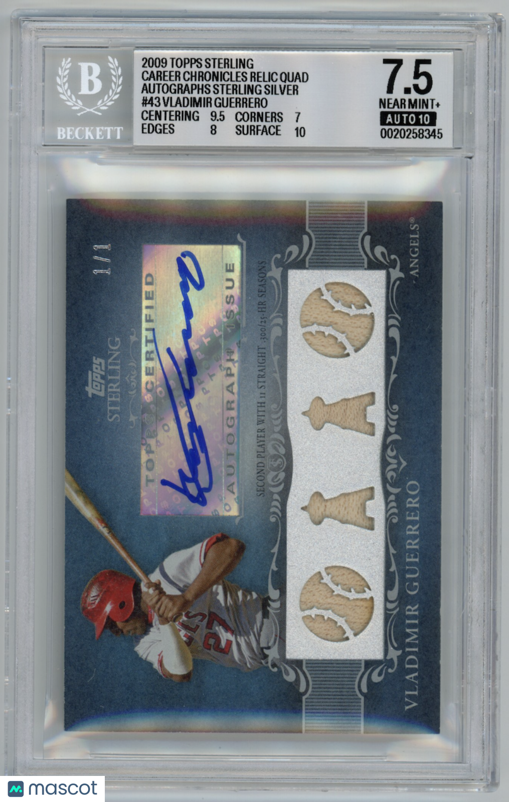 VLADIMIR GUERRERO 2009 Topps Sterling Quad Patch Auto Silver 1/1 #43 BGS 7.5