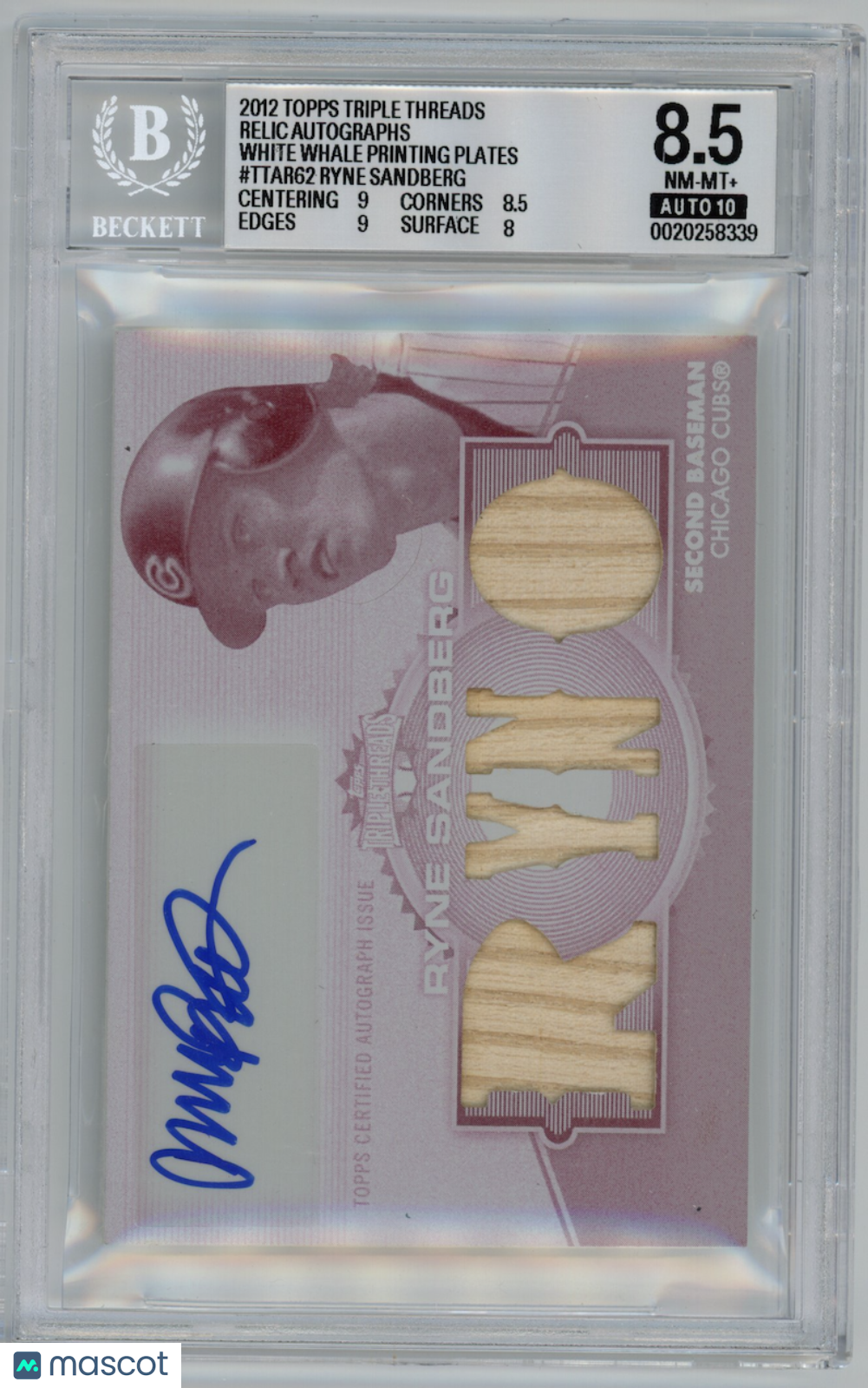 RYNE SANDBERG 2012 Topps Triple Threads White Whale Plate Relic Auto 1/1 BGS 8.5