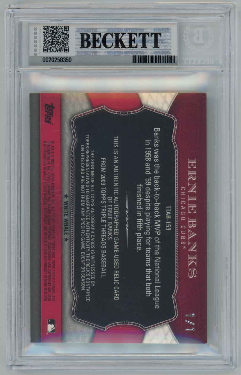 ERNIE BANKS 2009 Topps Triple Threads White Whale Relic Auto 1/1 #153 BGS 8.5