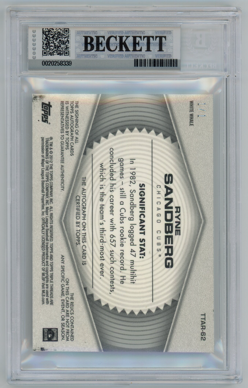 RYNE SANDBERG 2012 Topps Triple Threads White Whale Plate Relic Auto 1/1 BGS 8.5