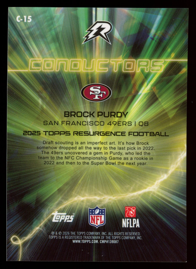 BROCK PURDY 2025 Topps Resurgence Conductors Lime Green Power Surge /15 #C-15