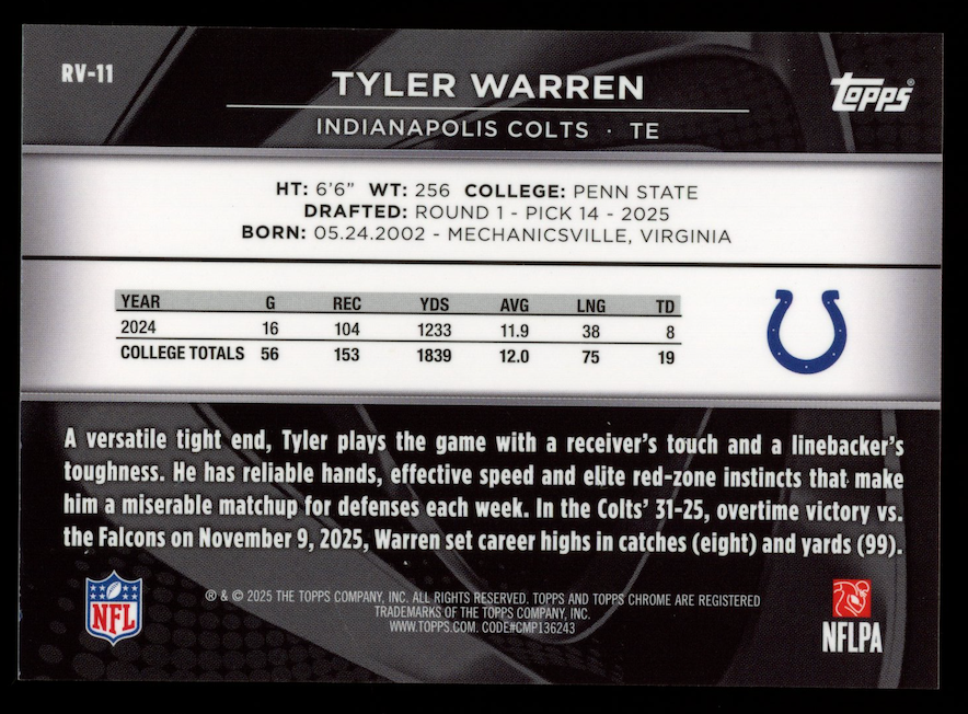 TYLER WARREN 2025 Topps Chrome Black Rookie Variation Orange Ref /25 #RV-11