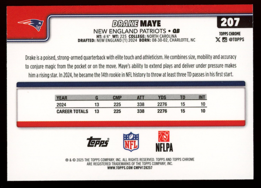 DRAKE MAYE 2025 Topps Chrome Aqua /199 #207 Patriots